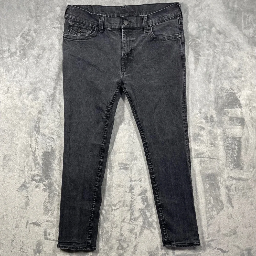 True Religion Rocco Jeans Mens 36x32 Relaxed Skinny Black Dark Wash Flap Pockets